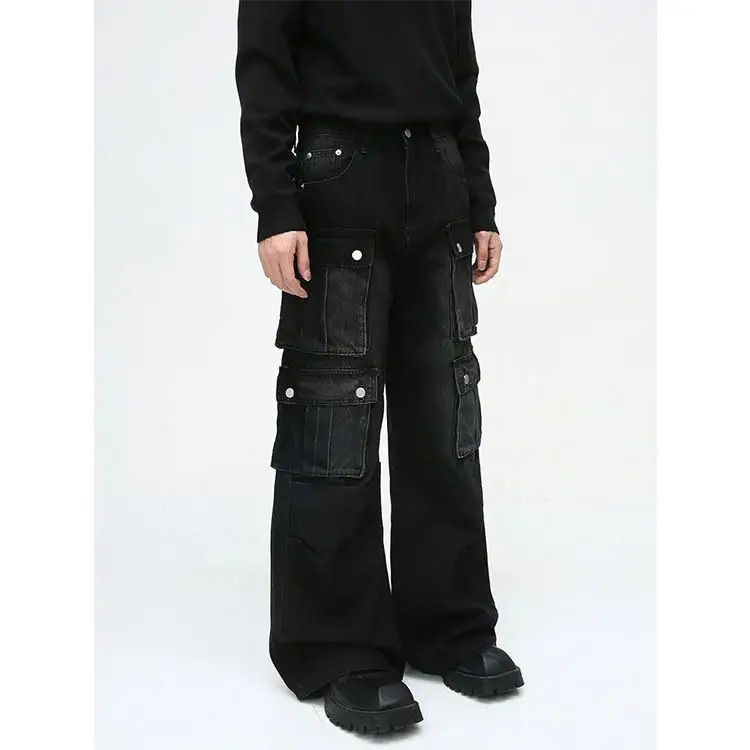 Stile HKNZ da uomo pantaloni dritti in Denim Jeans da motociclista da uomo Jeans larghi larghi con tasche laterali Jeans Cargo da uomo