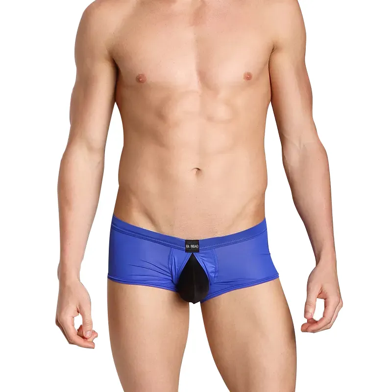 Smooth Ice Silk Nylon Blue And Black Mix Trunks Cool Boy Sexy Fly Open Front Couch Ropa interior Boxers para hombres