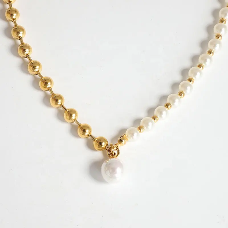 Pérolas longas e meia Bead Chains 18k banhado a ouro aço inoxidável Imitted Pearl Ball Golden Pearl Bead Connect Necklace