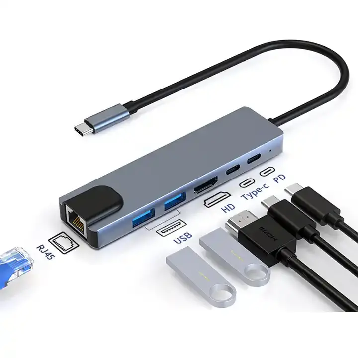 Adaptador USB tipo C Hub 6 em 1 com leitor de cartão USB3.0 TF PD USB3 HDMI multiporta, acessório tudo em um para PC e computador