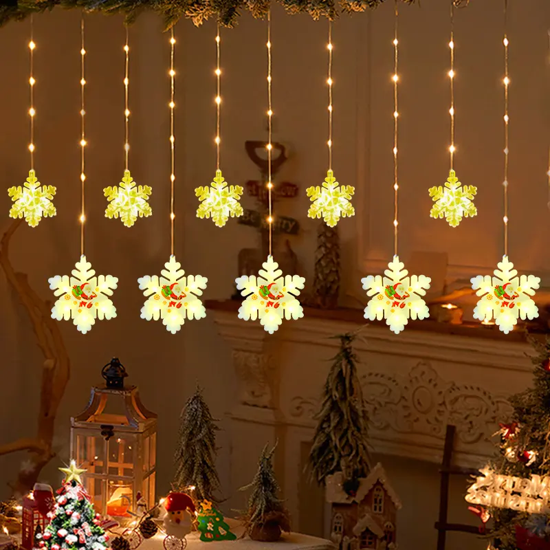 PVC Coating Copper Wire 2023 New Design Christmas Snowflake Motif Figure Holiday String Led Window Curtain Fairy Lights