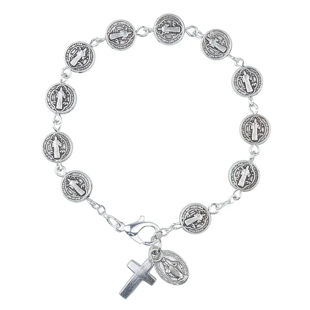 Bracelets religieux en alliage d'argent en métal Saint bénett Bracelet classique de chapelet catholique avec miracle