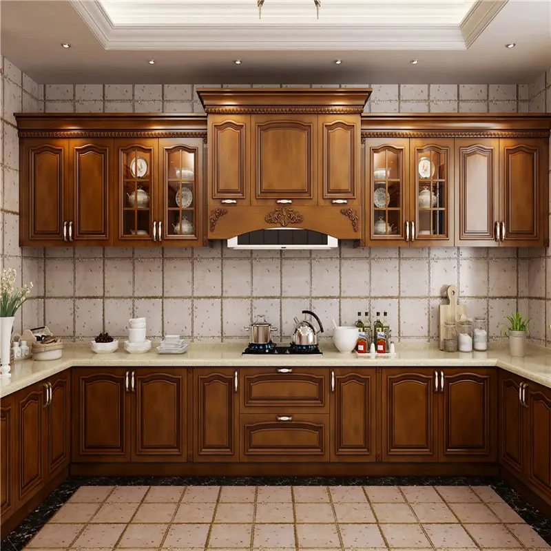 Hot Sell Antique classical customized assembled solid wood kitchen cabinets for sale wooden design
