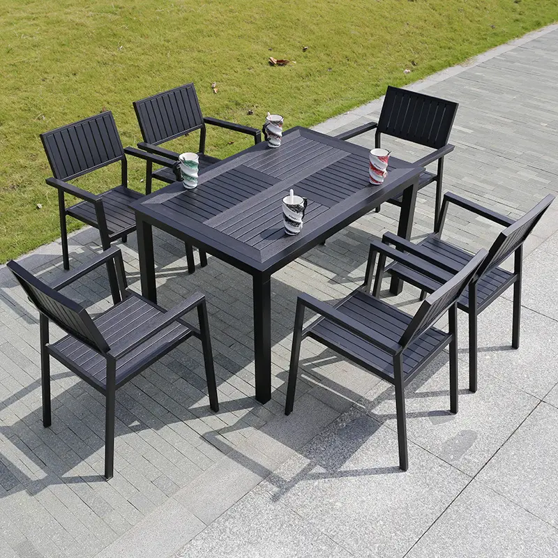 Juegos de mesa de comedor para Patio de jardín, muebles de madera de plástico, sillas de exterior y mesa cuadrada, 6 asientos