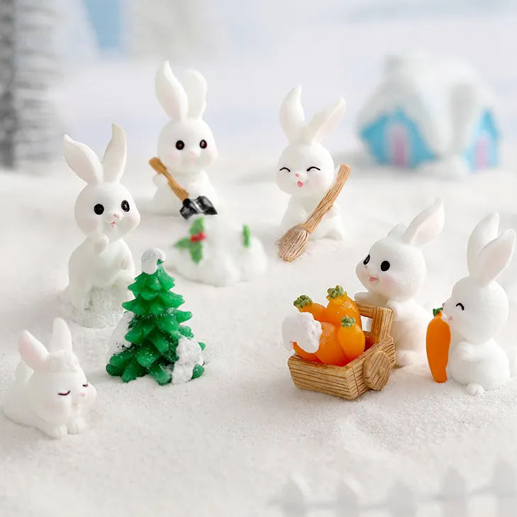 حار بيع منتجات جديدة الأفكار 2022 مصغرة لطيف ألعاب حيوانات حديقة مختلفة الأبيض أرنب الثلوج تمثال عيد الميلاد الراتنج الحرفية