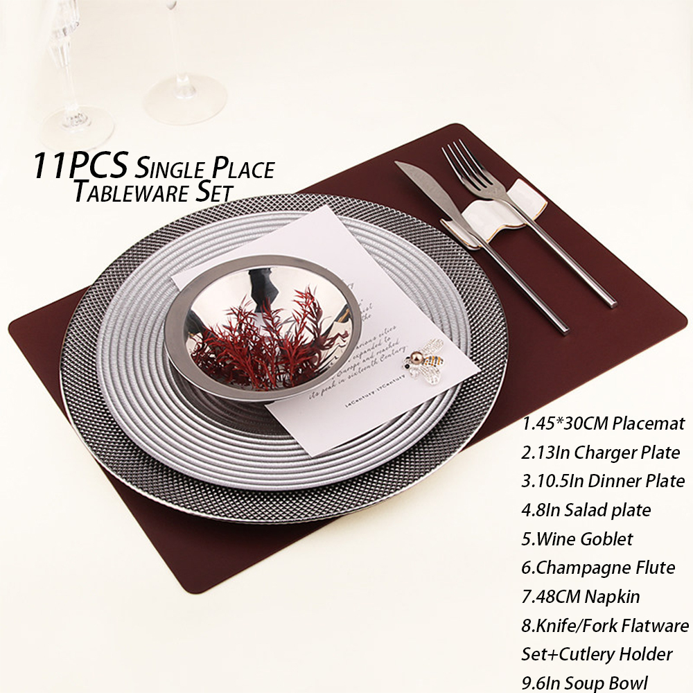 Service de table complet 11 pièces gris western, esthétique argentée