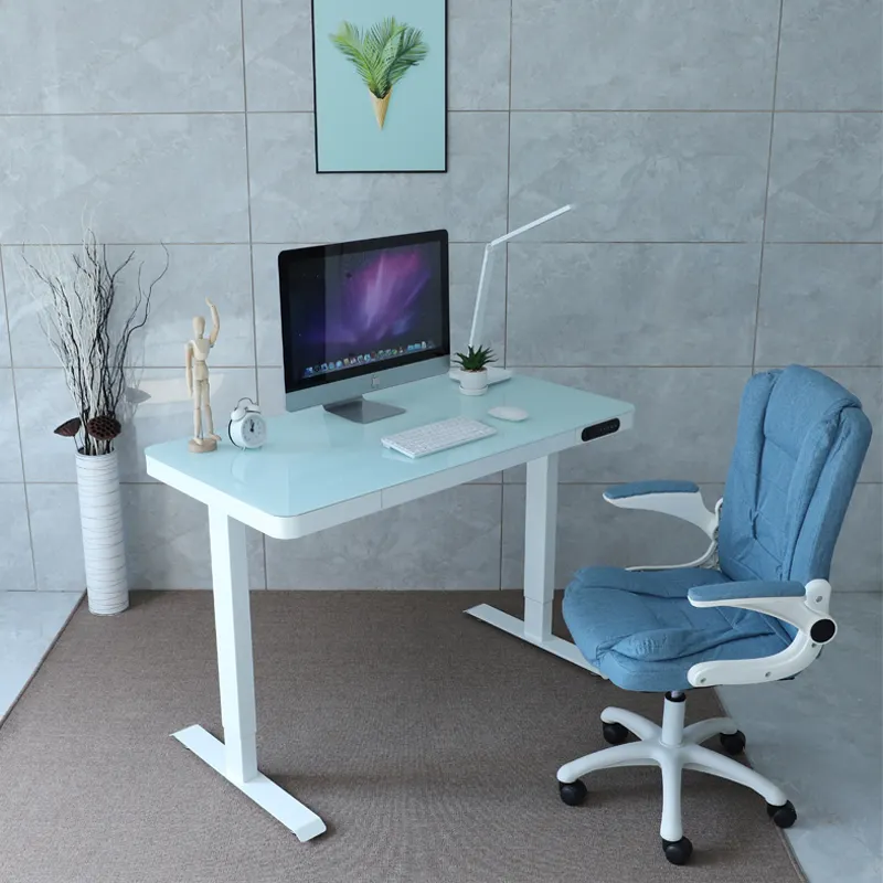 Meja kantor kaca ergonomis bermotor, tinggi dapat disesuaikan, meja berdiri eksekutif