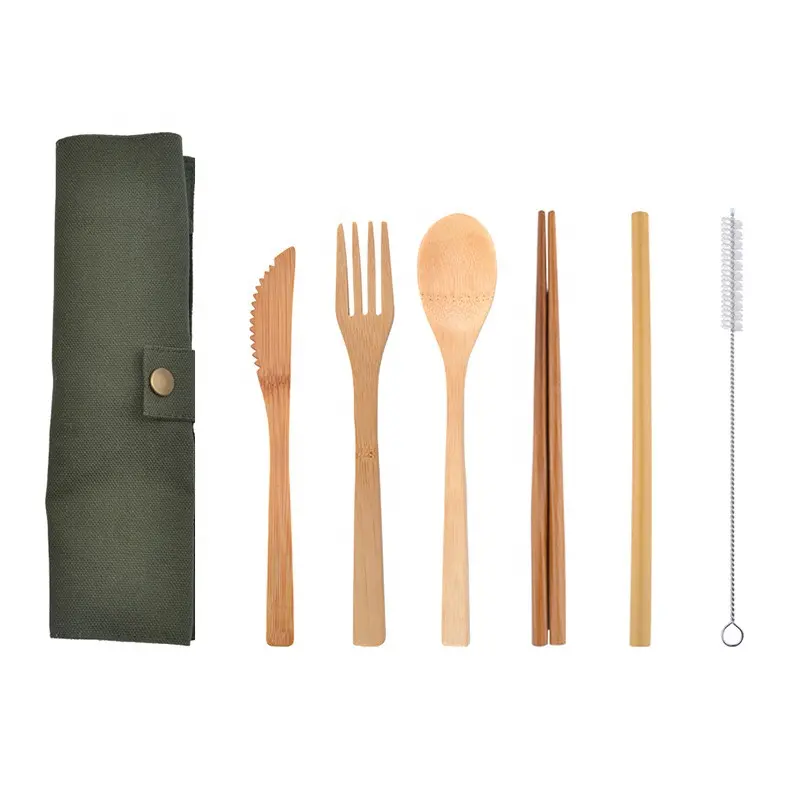 مجموعة أدوات المائدة الخيزران صديقة للبيئة حزمة من 6 قطعة مع حقيبة سفر
