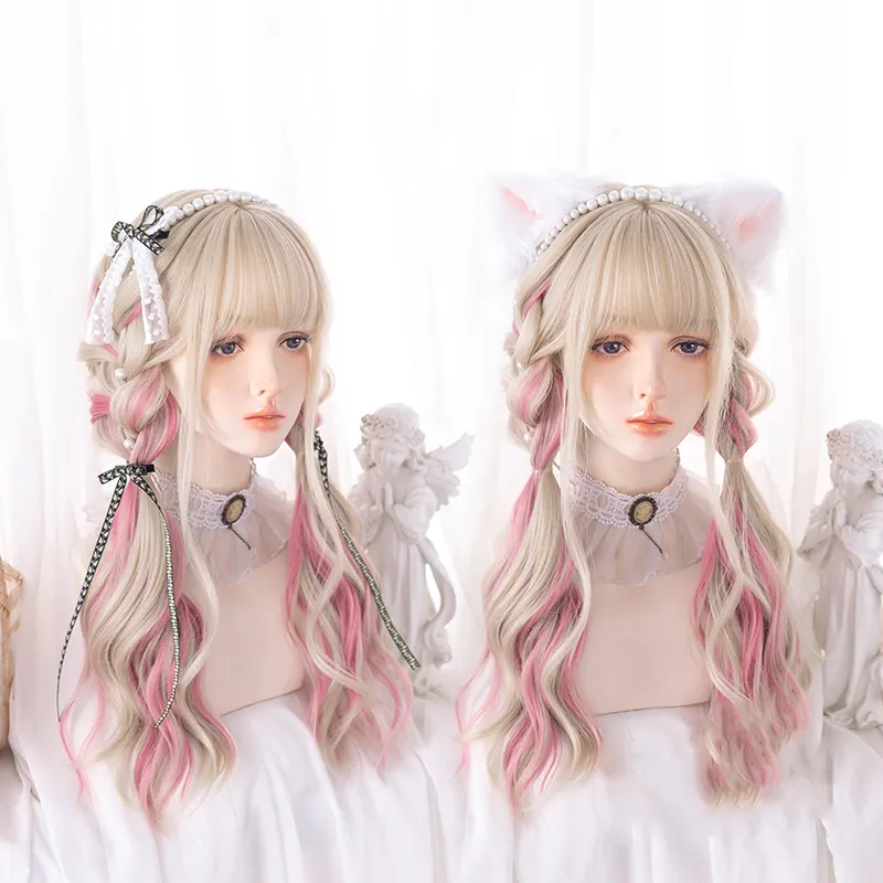 Altın kulak boyama pembe Lolita peruk japon Harajuku sevimli günlük uzun bukleler saç tatlı yetişkin kız Cosplay sentetik postiş şık