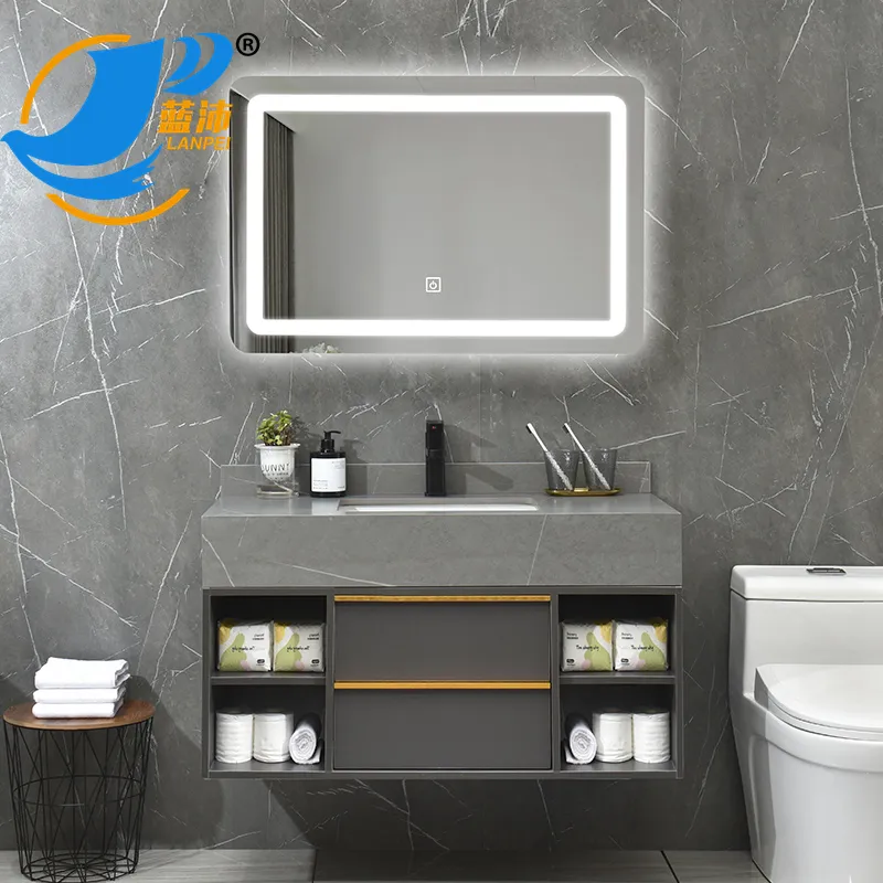 Armario de baño de lujo personalizado, AZG016-90, 90cm de ancho, incluye armario de espejo, lavabo y armario de almacenamiento