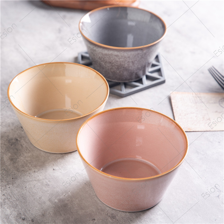 Customized Hand Painted Stoneware reactive glaze gold rim Microwave Safe ceramic rice bowl soup bowl