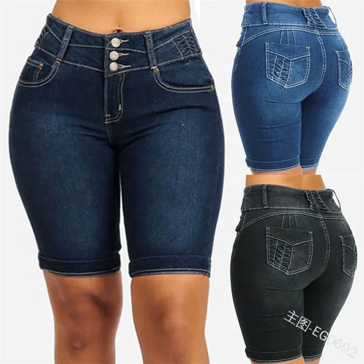 Novedad de 2023, pantalones vaqueros cortos desgastados con empalme de encaje, pantalones cortos vaqueros informales de cintura media para mujer