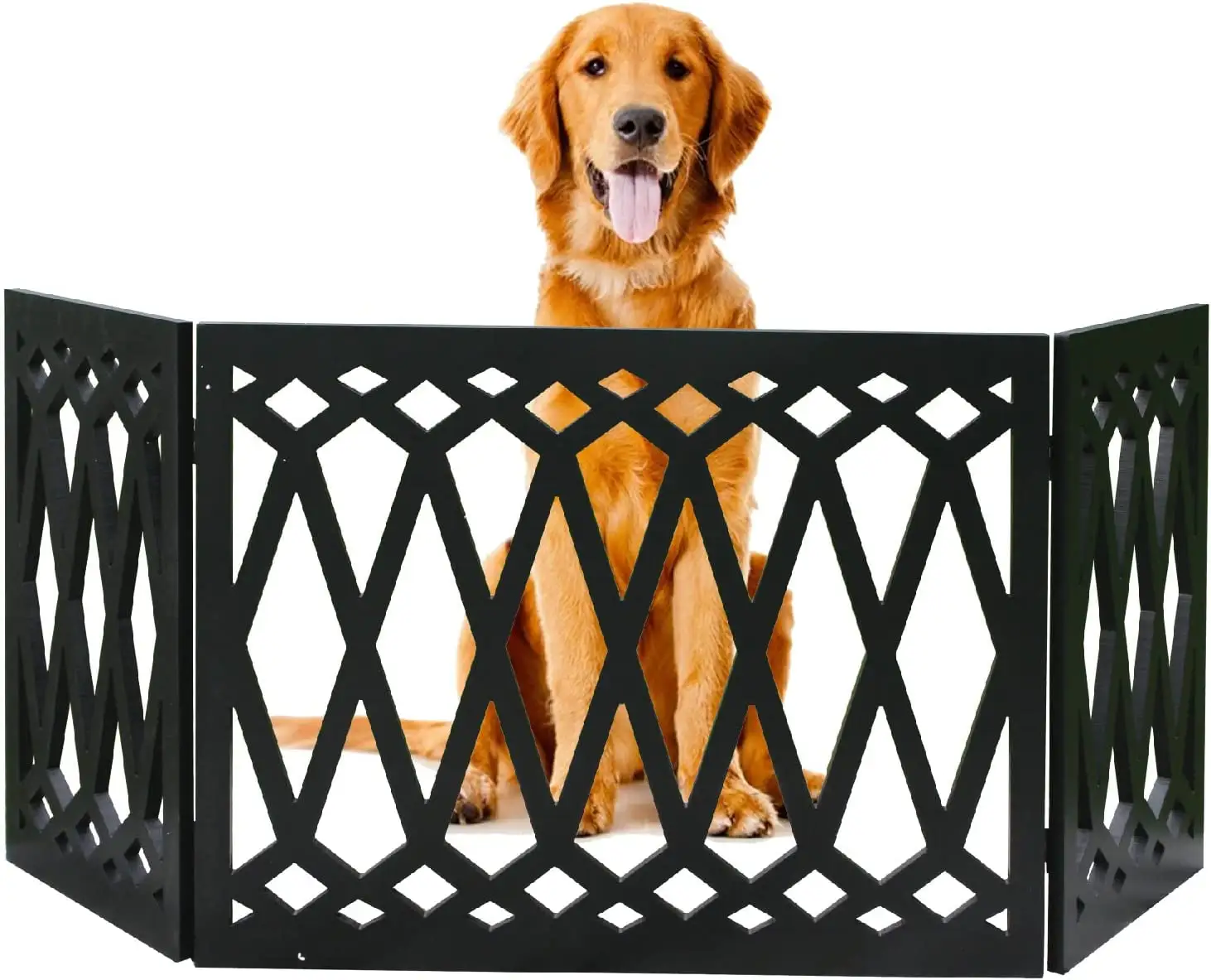 Portão de madeira para animais, cercadinho decorativo preto com três dobras para portão, escadas e barreira para animais de estimação