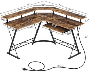 Mesa de oficina de ordenador de esquina, escritorio de ordenador en forma de L con toma de corriente, mesa de lectura y escritura - Product Image 1