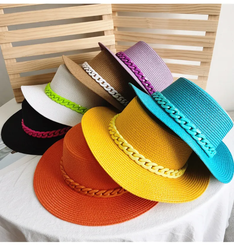 Nouveau chapeau de paille pour femmes, vacances d'été plage britannique Top chapeau protection solaire chapeau plat pour femmes