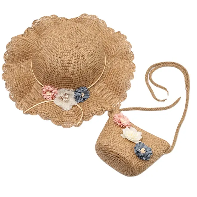 Wholesale Wide Brim Summer Kids Beach Hats Straw Children Girl Straw Bucket Hat and Purse Sets Foldable Flower Travel Hats