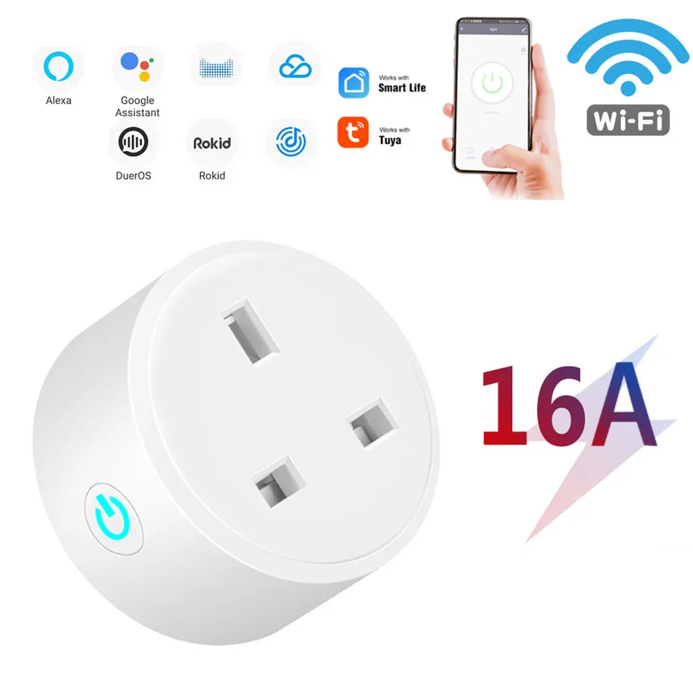 Prezzo di fabbrica approvato CE TuYa 16A UK Standard 3 Pin Plug Wireless Mini Smart Socket Wifi Smart Plug