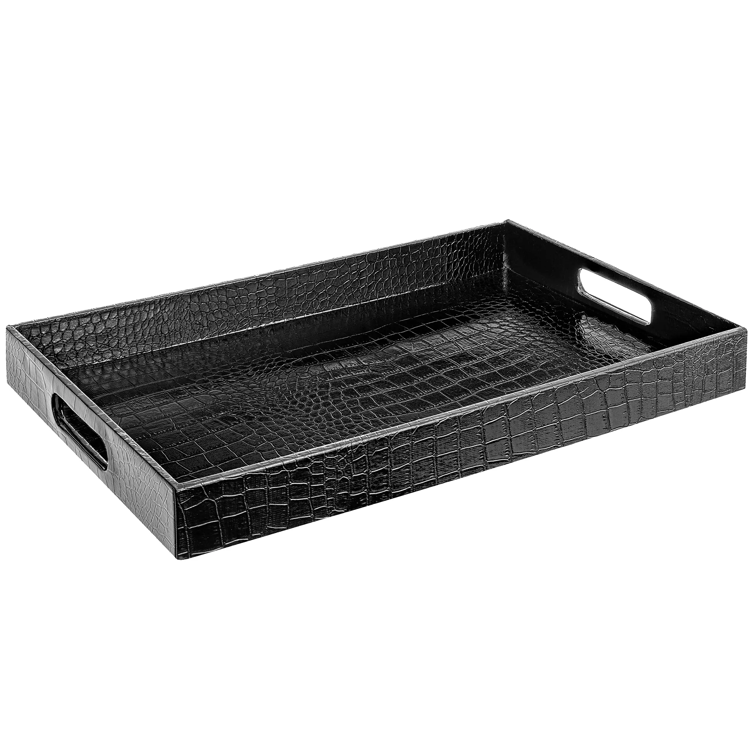 Home 18X12 Zwart Rechthoek Dienblad Valet Tray Alligator Faux Lederen Decoratief Dienblad Met Handvatten