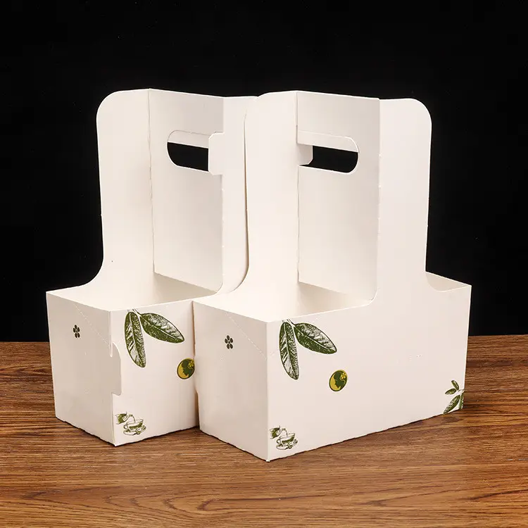China Wholesale Custom Recyclable Handle 2/4 Cup Holder Flower Coffee Milk Tea Takeaway Package Paper Box