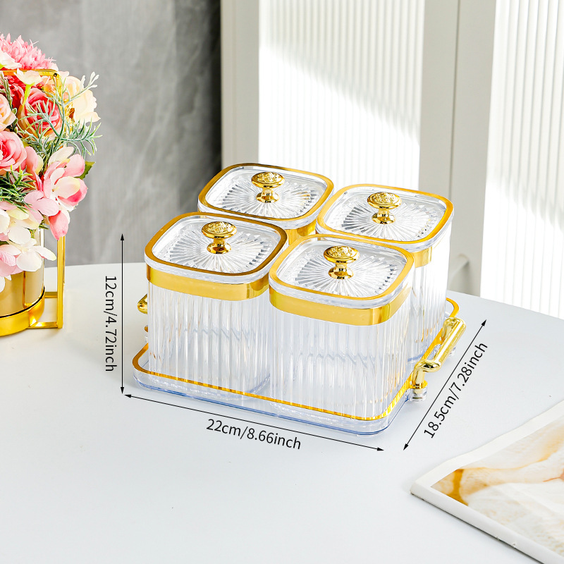 Transparent square jar with 4 compartments - T-shaped gold handle