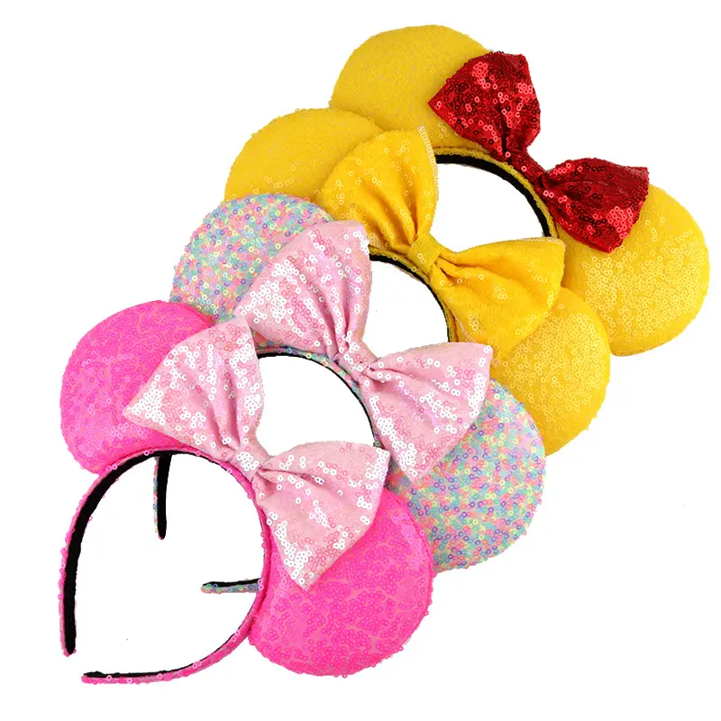 Diadema de dibujos animados con lazo para niñas, diadema bonita para fiesta, parque de atracciones, decoración para el cabello, lentejuelas, oreja de ratón