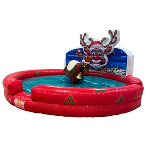Inflatable Bull Riding Machine Rodeo Reindeer Round Rodeo Bed with Santa Feature Back Wall and Engaging <strong>Rudolf</strong> Reindeer Head - Product Image 1