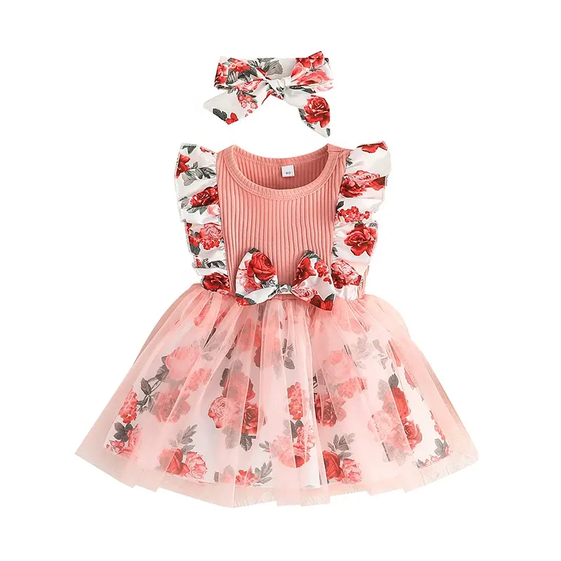 Nouveau design, vente en gros de robe de haute qualité, robe de princesse à la mode pour petites filles, jupe à fleurs en maille et bandeau