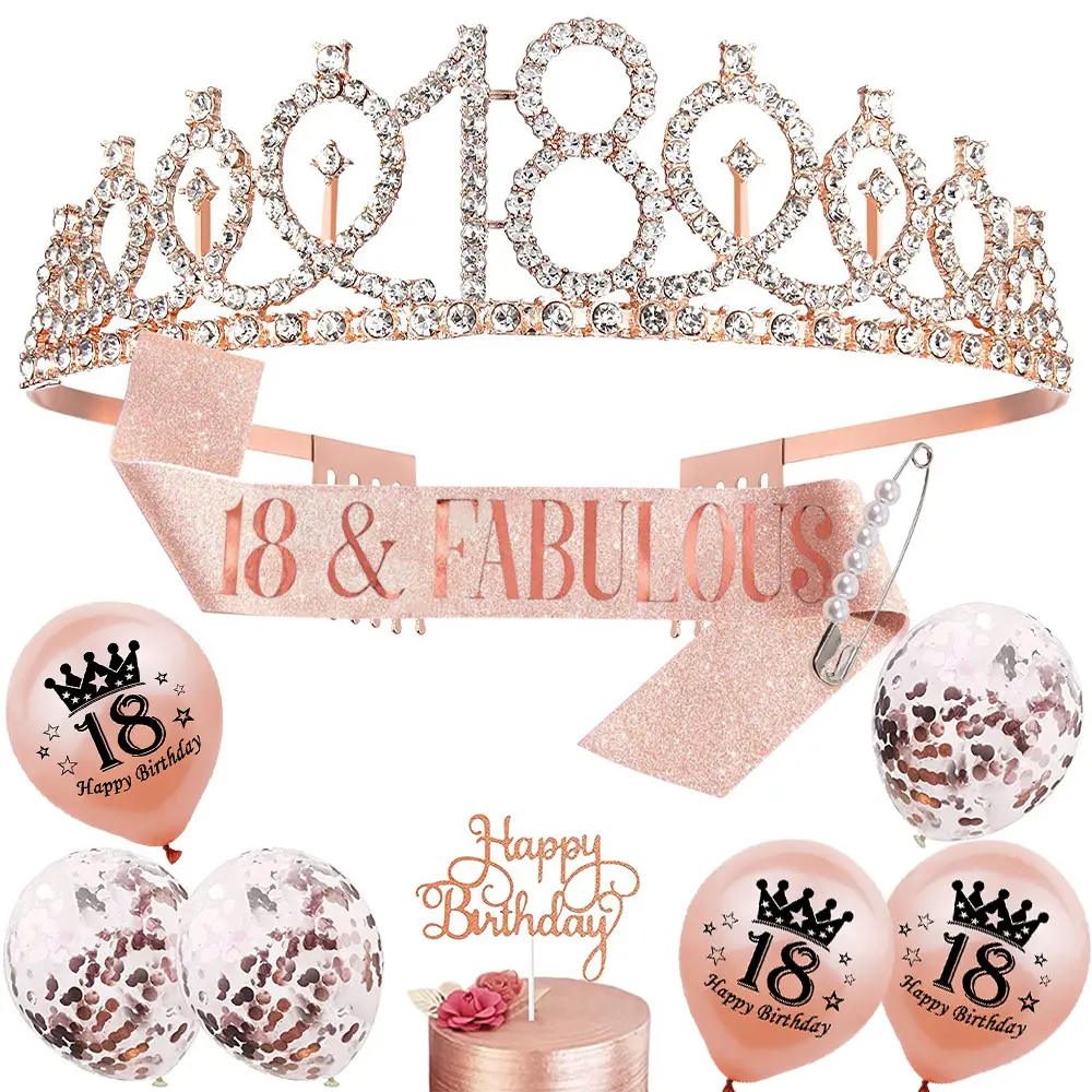16th 18th 21th Girl Birthday Rose Gold Silver Hair Tiara Crown Sash palloncini in lattice forniture per feste di buon compleanno Set di decorazioni