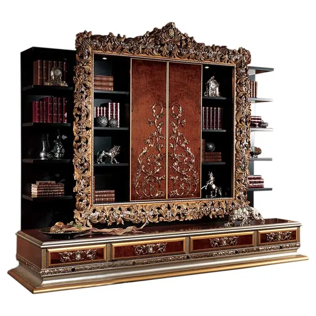 Luxury Rococo Style Carved Wood Bookcase for Royal Home Library of Home Office Antique Bookstore
