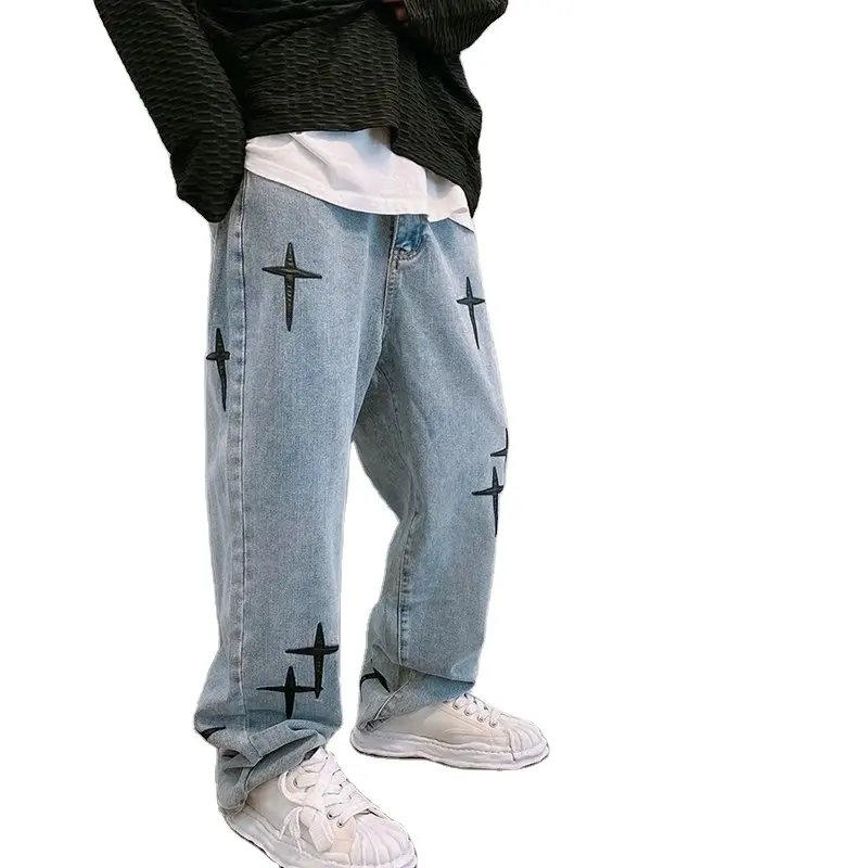 Jeans da uomo 2024 personalizzati da uomo Jeans Casual a gamba larga Hip Hop Jeans larghi larghi lavati in pietra