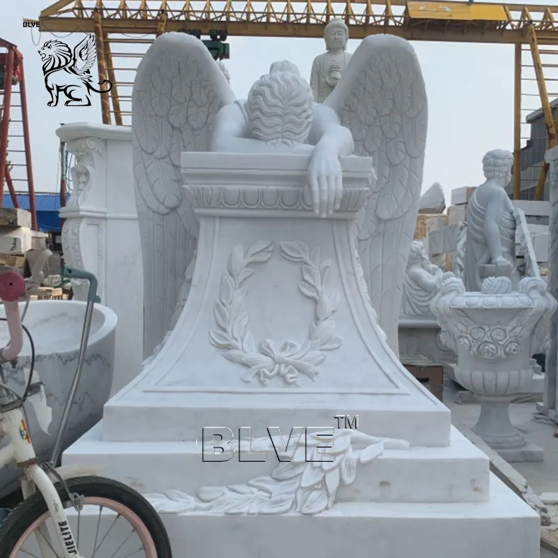 BLVE 현대 묘지 장례식 손조각 천연석 수양 천사 동상 기념물 흰색 대리석 각 묘비