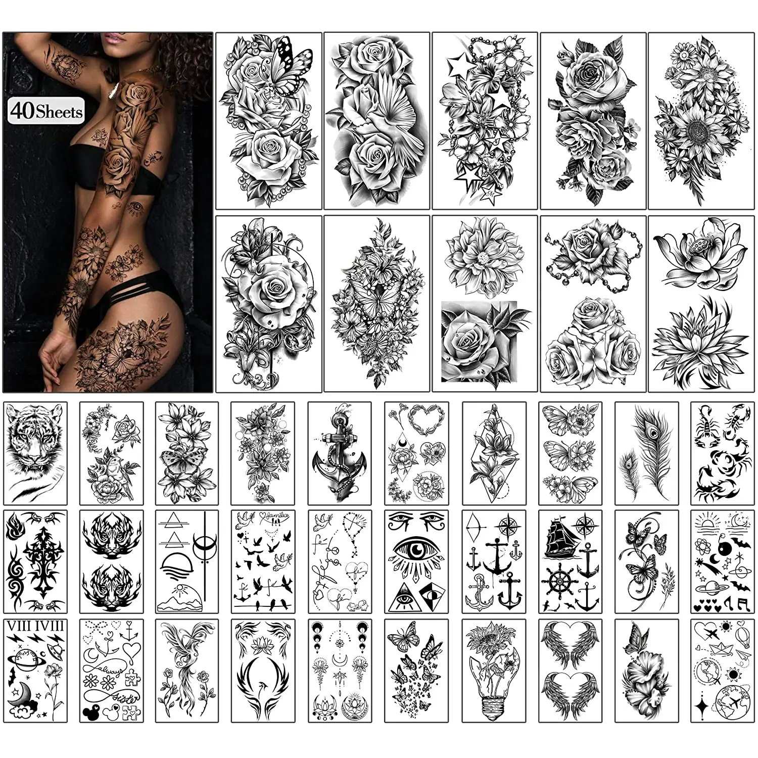 Tatuagem temporária de flores rosas, à prova d' água, estilo misto, duradouro, arte corporal, adesivos para mulheres ou meninas