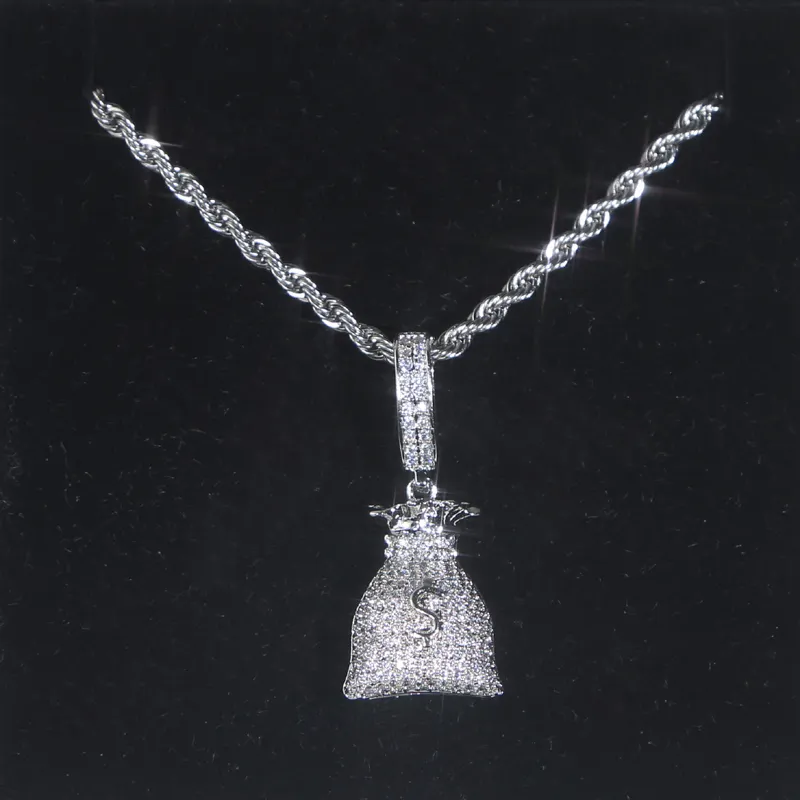 Iced Out Bling Rhodiniert Männer Frauen Mode Hip Hop Schmuck Micro Pave 5A CZ Dollar Geldsack Anhänger Halskette