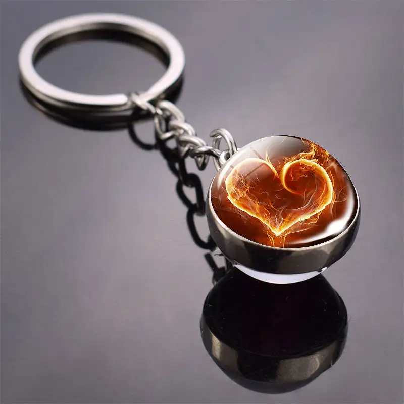 JY corazón patrón colgante regalos de cristal doble cara bola de cristal llavero fuego letras amor llavero para regalos del Día de San Valentín