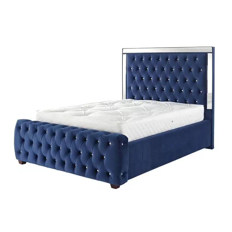 Terciopelo de lujo Tufted Azul marino Tapizado Plataforma de lujo Muebles de dormitorio Marco de cama tamaño king de madera Cama Doble