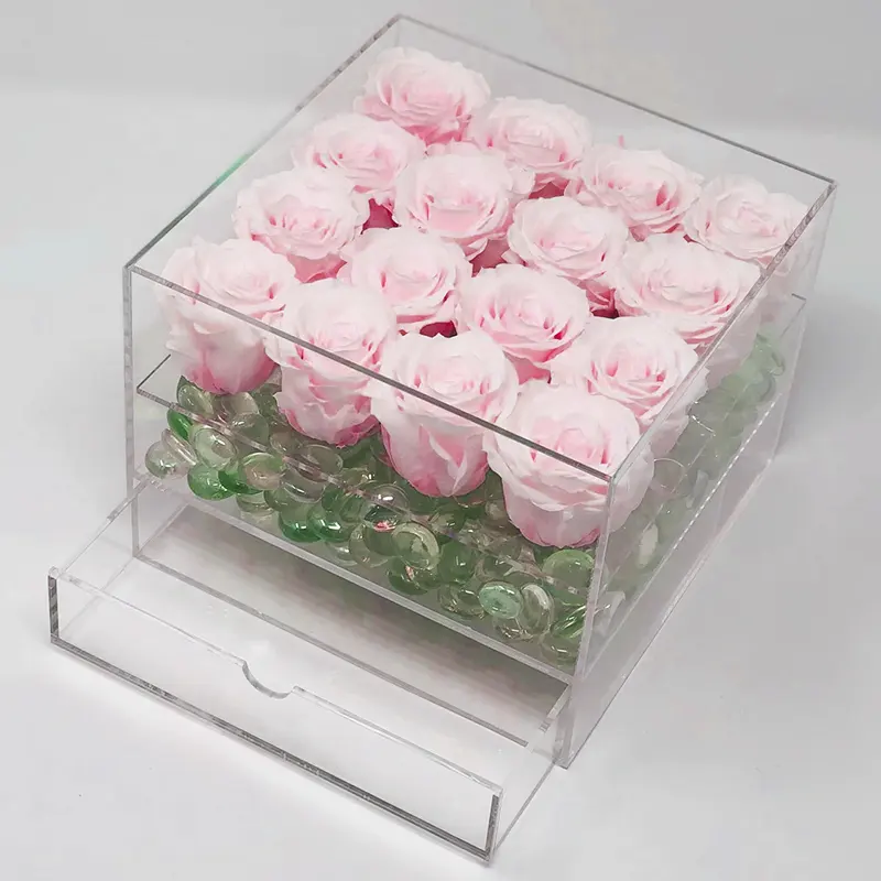 Caixa de flores em acrílico com 16 furos e gaveta, caixa de flores para presente, caixa de flores rosa transparente de 3 camadas para o Dia dos Namorados, presente para o dia das Rosas