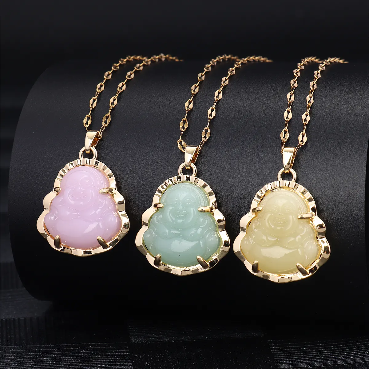 Fashionable Hotsale Gold Plated Pink Jade Buddha Necklace Stainless Steel Chain Laughing Head Pendant Necklace Jewelry