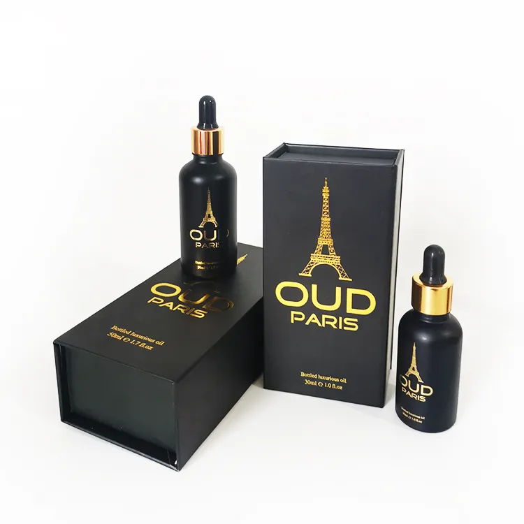 Лидер продаж, упаковка для эфирного масла для бороды, 30 мл, матовая черная стеклянная бутылка-капельница с золотой печатью логотипа и квадратной подарочной коробкой