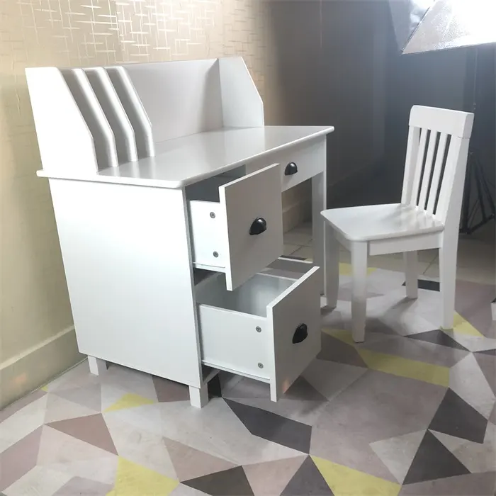 Escritorio de estudio de madera para niños con silla, juego de mesa y silla con cajones y armarios, color blanco, regalo para edades de 5 a 10 años