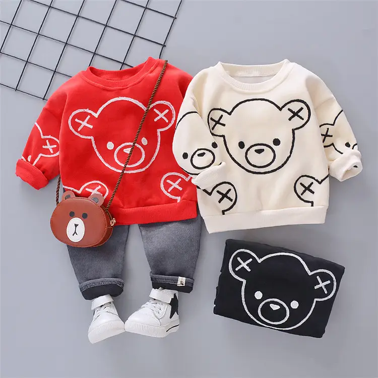 Bộ Quần Áo Nhung Cho Bé Trai, Áo Chui Đầu Tay Dài Vải Cotton Họa Tiết Gấu Hoạt Hình + Quần 2 Món Cho Bé Trai Bộ Quần Áo Ấm Mùa Đông Cho Trẻ Em