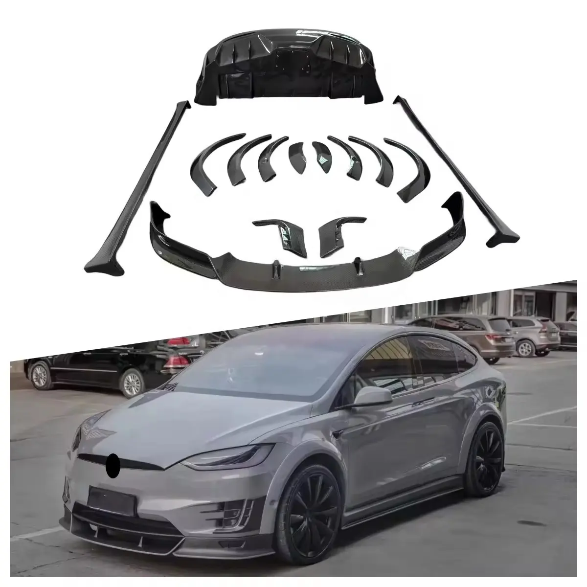 Kit de cuerpo de fibra de carbono modelo X, divisor de labios delantero, difusor trasero, guardabarros ancho, ceja de rueda para Tesla
