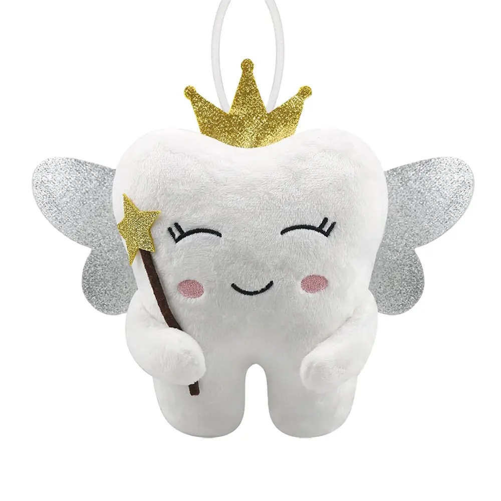 Travesseiro de pelúcia de dente branco, boneca brilhante com bolso, asas bordadas, veludo de cristal, presente para crianças, 3481