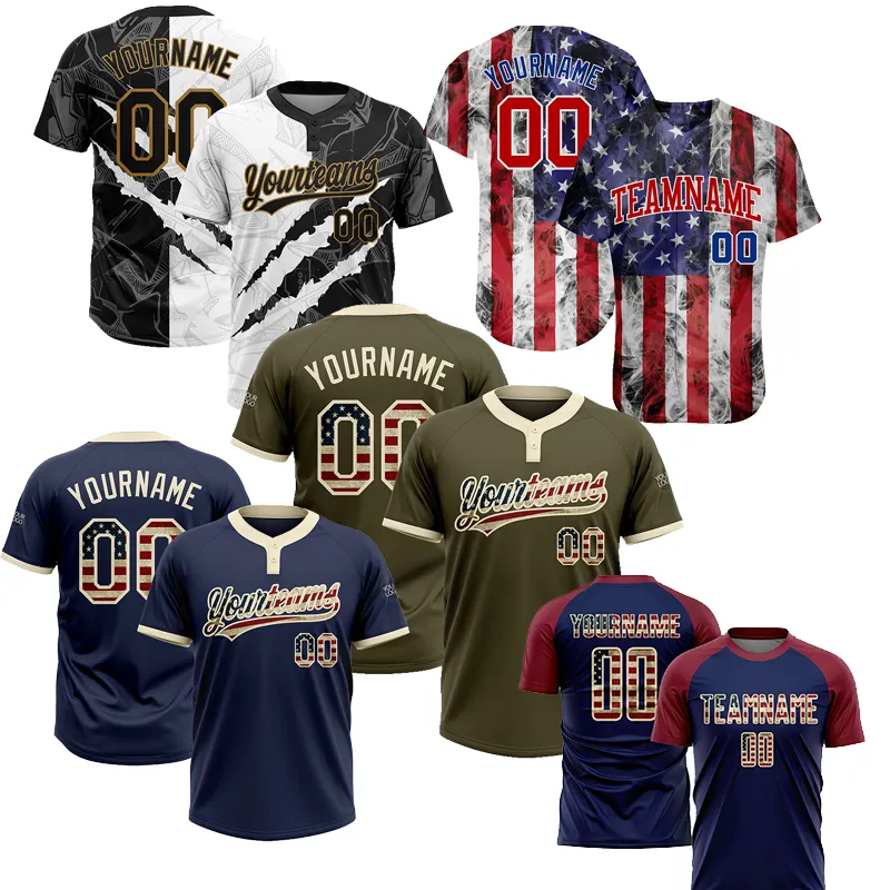 Baseball Team T-shirt two Button Custom Name and Number America Flag and team Navy-Gold Two-Button Unisex Softball Jersey