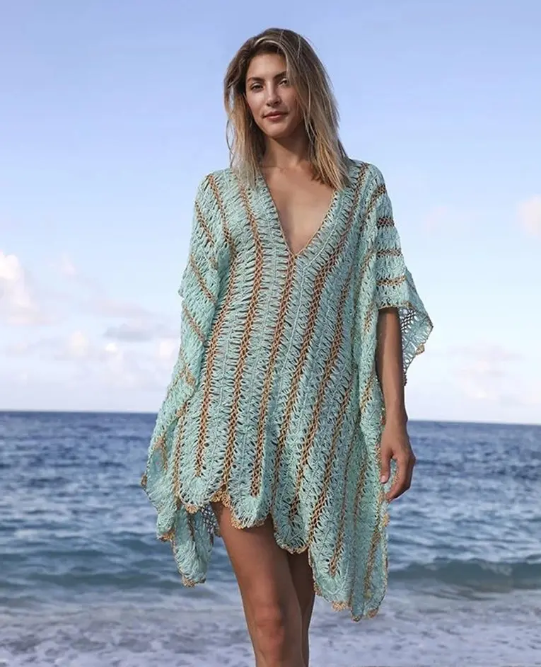 Vestido longo de crochê e saída de praia feminino, maiô longo com gola em v, cobertura para praia, 2022