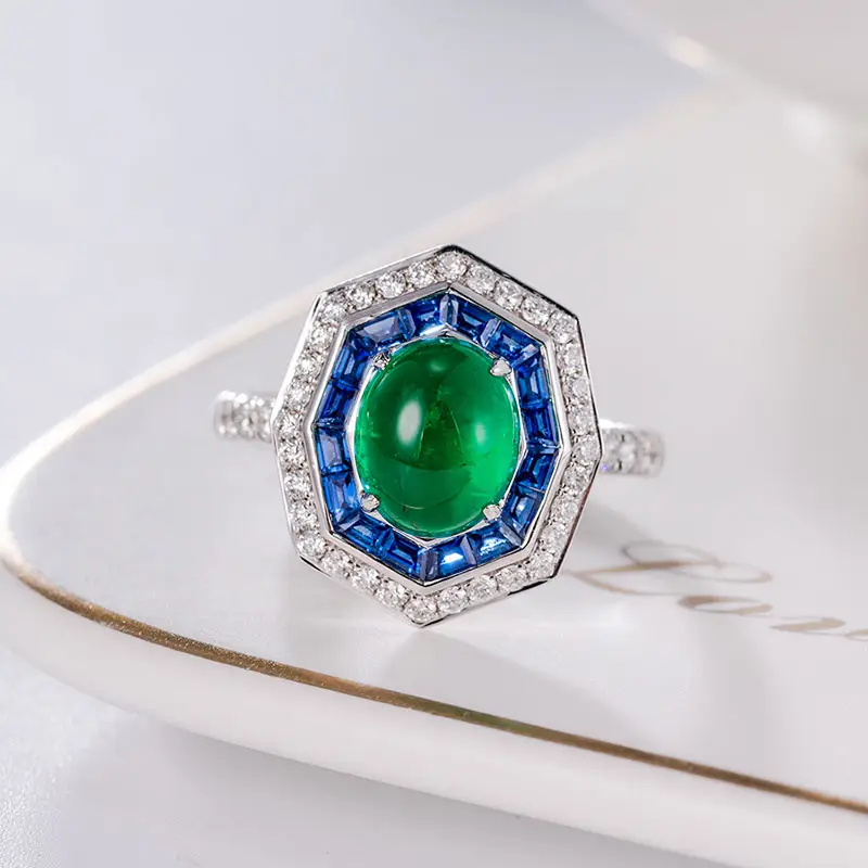 The New Listing Handmade Women Custom Jewelry Natural Cabochon Emerald with Sapphire & Diamond Gem 18k Gold Female Rings