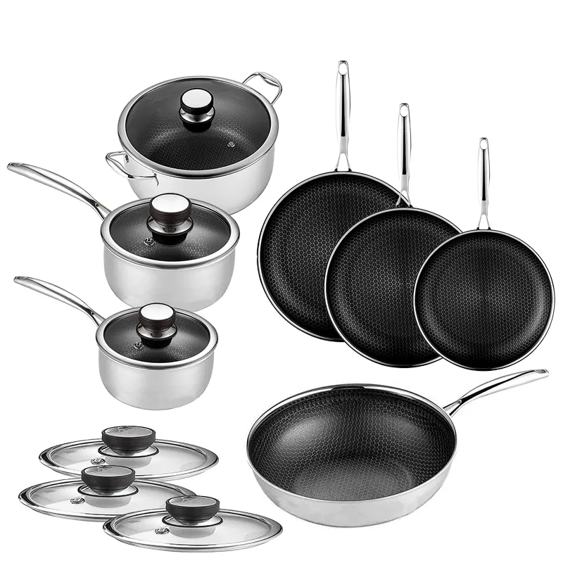 Juego de utensilios de cocina híbridos Hexclad de 13 piezas con tapas, utensilios de cocina Wok de acero inoxidable, sartenes Wok antiadherentes de panal de acero inoxidable de 3 capas