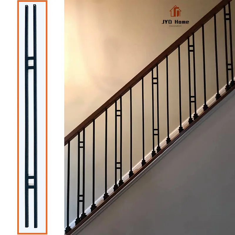Balaustres de escalera de hierro forjado estilo barra doble revestida en polvo decorativa interior serie Aalto al por mayor husillos de escalera de metal