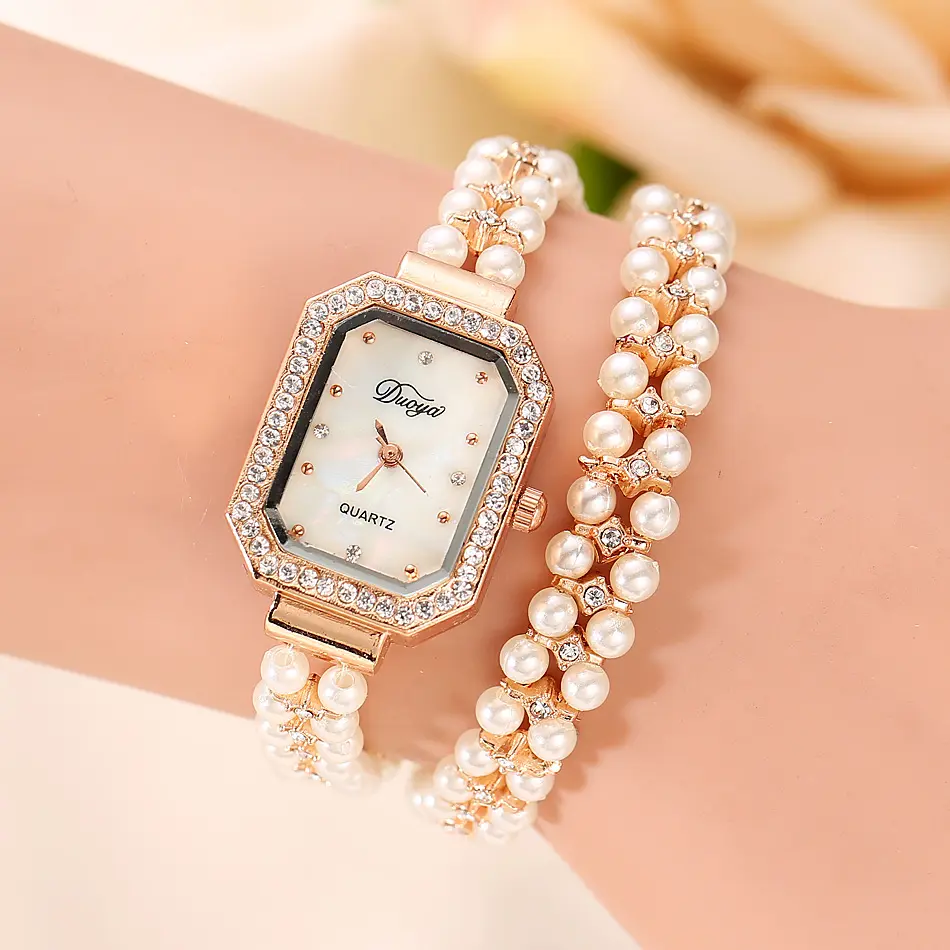 Роскошные женские часы из розового золота, элегантные часы с жемчугом, браслет для женщин, женские кварцевые часы со стразами, элегантный женский комплект наручных часов
