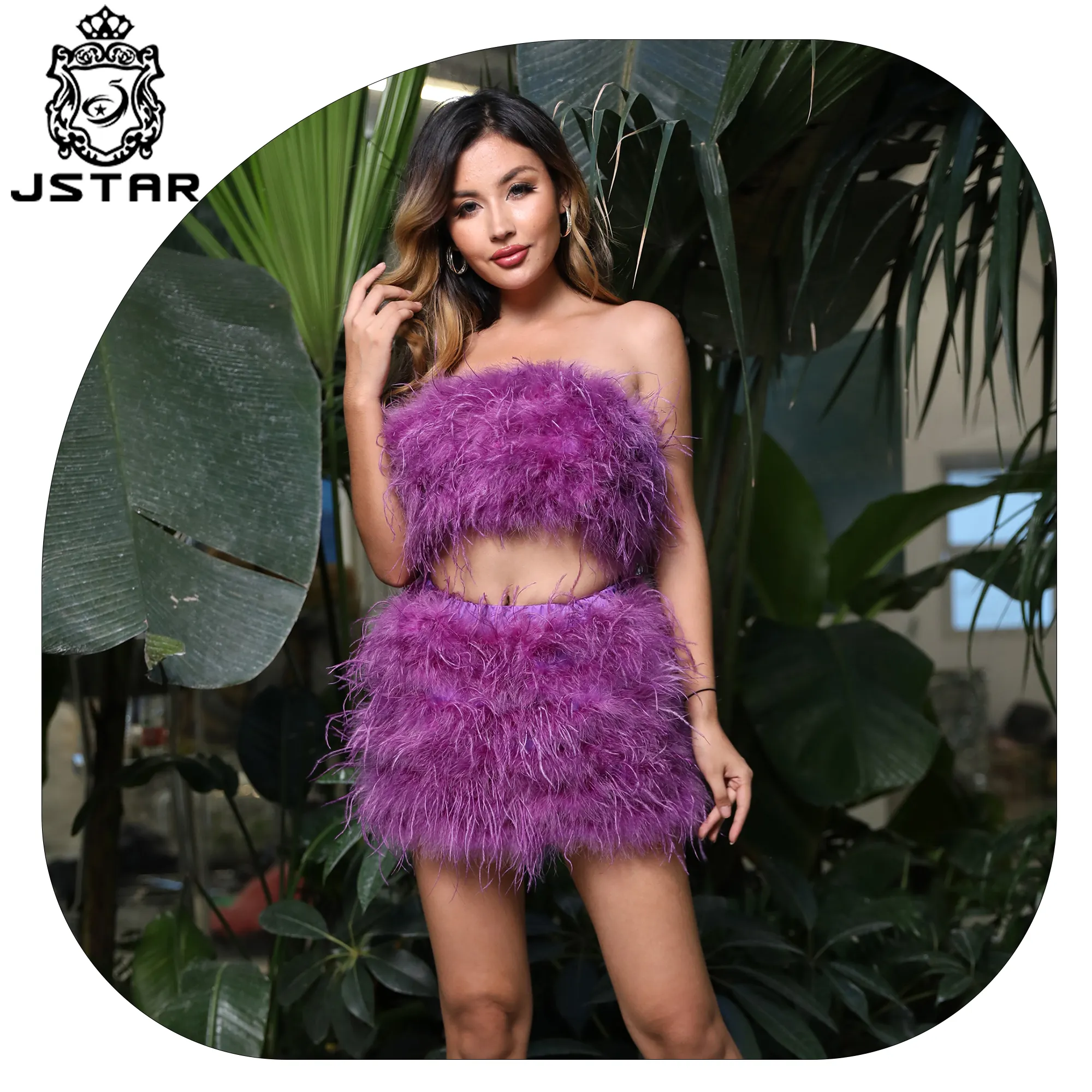 Vestido corto de plumas de avestruz para niñas, top sin mangas sexy, púrpura