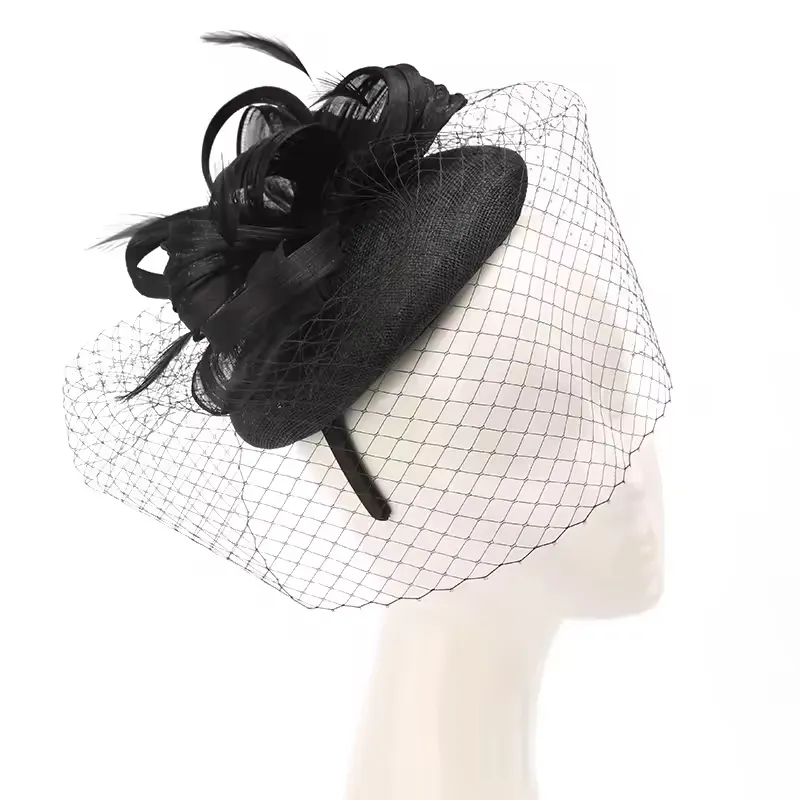 สตรีสีดําผ้าคลุมหน้าแฟชั่น Headwear หลายสุทธิเจ้าสาวหมวกแต่งงาน Fascinators ผ้าลินินตาข่าย Headpiece พร้อมผ้าคลุมหน้า